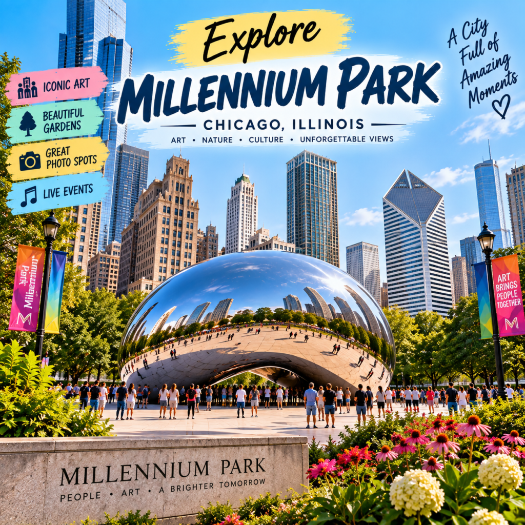 Millennium Park in Chicago Illinois featuring Cloud Gate, gardens, visitors, and downtown skyscrapers