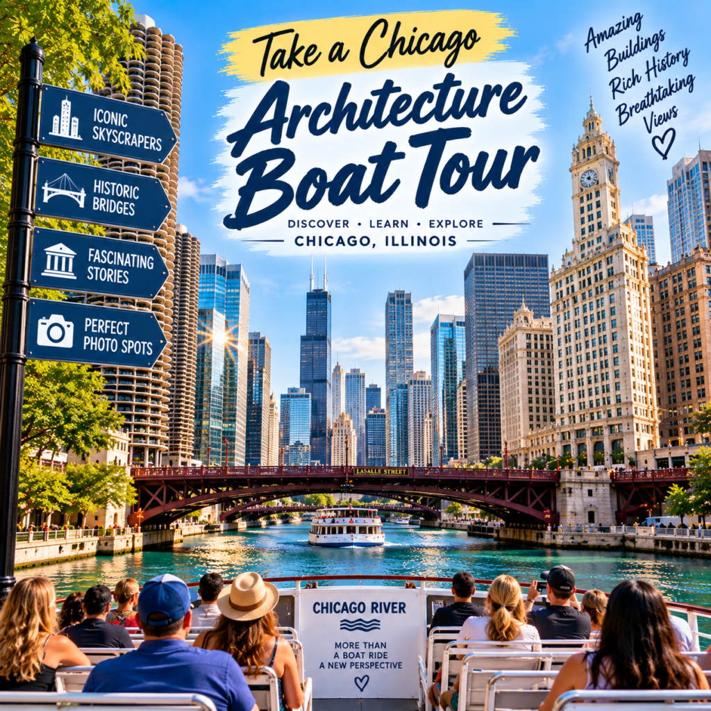 Chicago architecture boat tour on the river with sightseeing boat, historic bridges, skyscrapers, and city views