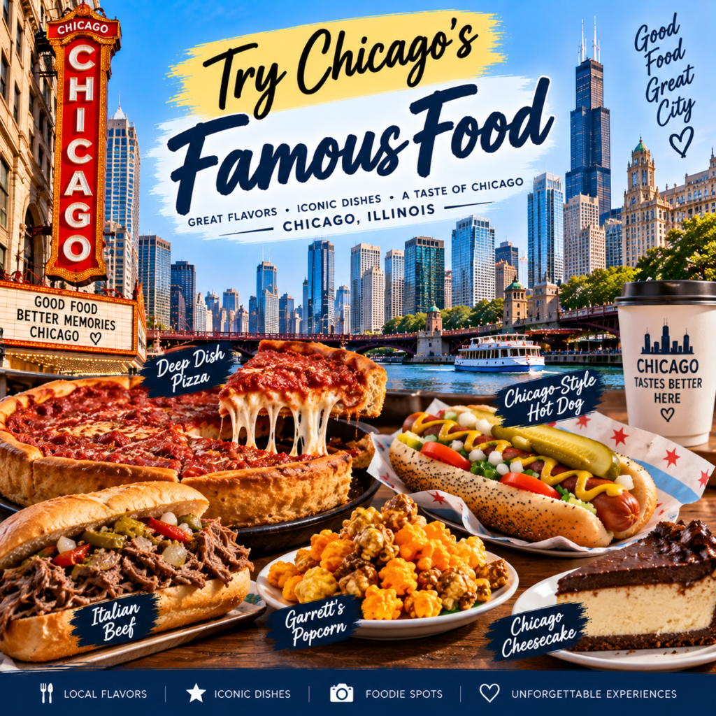 Chicago famous food including deep dish pizza, Chicago-style hot dog, Italian beef, popcorn, and cheesecake