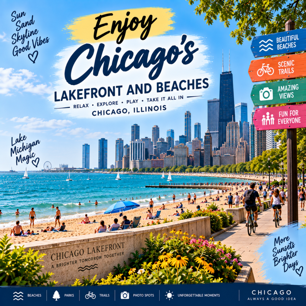 Chicago lakefront and beaches with Lake Michigan, sandy shores, skyline views, sailboats, and walking trails