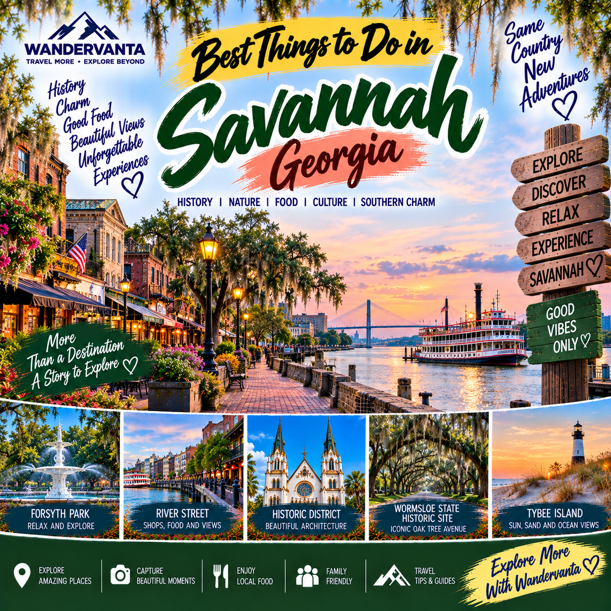 Best things to do in Savannah Georgia featuring historic streets, River Street, Forsyth Park, Wormsloe and Tybee Island