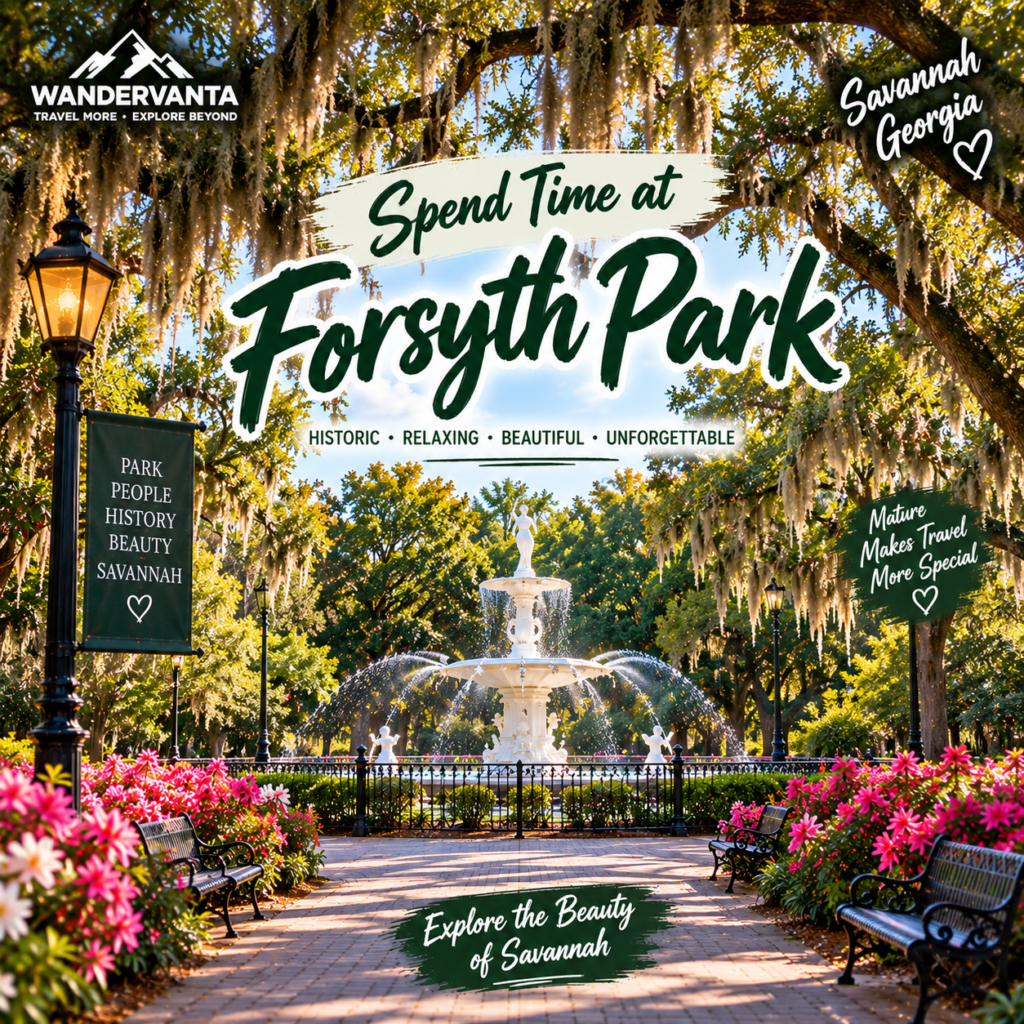 Spend Time at Forsyth Park in Savannah Georgia with its historic fountain, green trees, flowers and walking paths