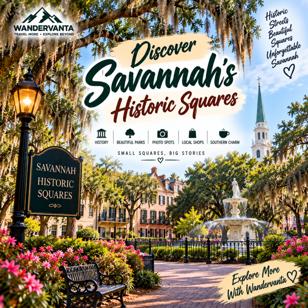Discover Savannahβs historic squares with beautiful gardens, fountains, trees, benches and historic buildings