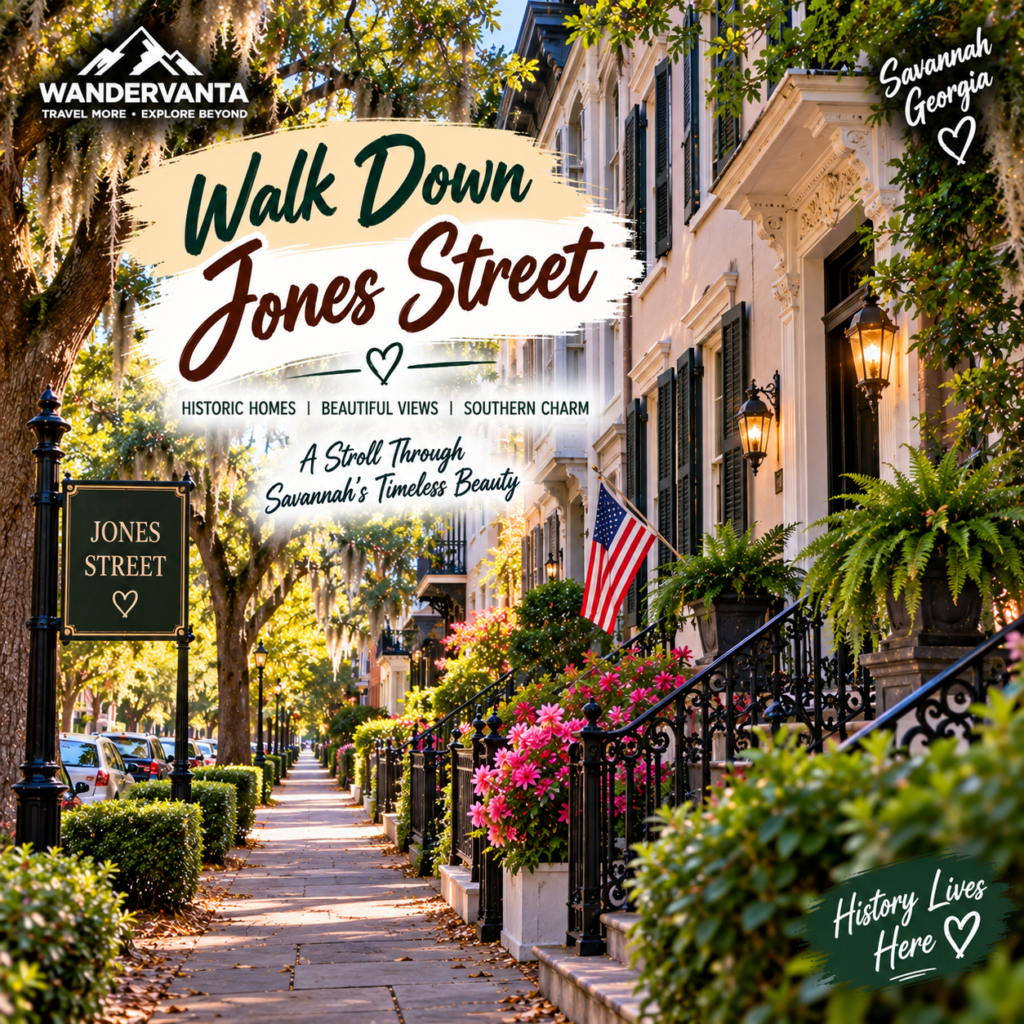 Walk Down Jones Street in Savannah Georgia with historic homes, trees, flowers and beautiful sidewalks