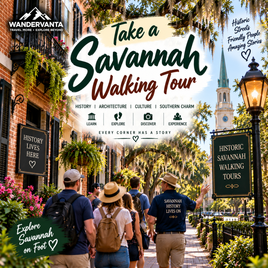 Take a Savannah walking tour through historic streets with beautiful buildings, trees and Southern charm