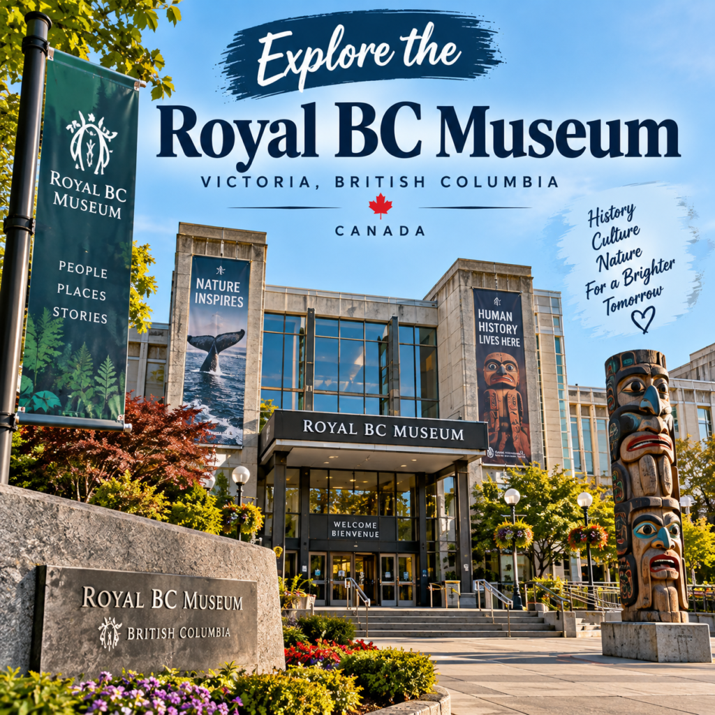 Explore the Royal BC Museum in Victoria British Columbia with its entrance, gardens and historic totem pole