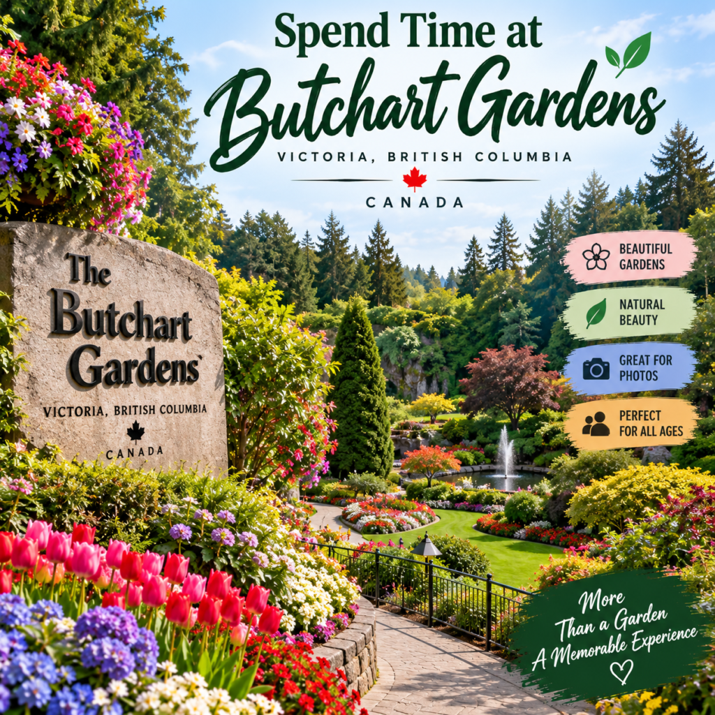 Spend time at Butchart Gardens in Victoria British Columbia surrounded by colorful flowers, gardens and walking paths