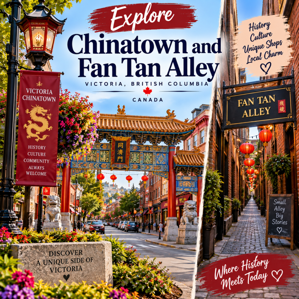 Explore Chinatown and Fan Tan Alley in Victoria British Columbia with historic buildings, shops and narrow streets