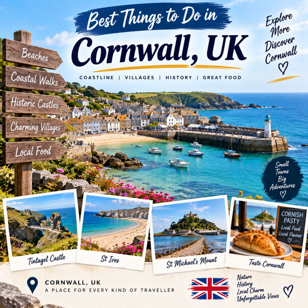Best things to do in Cornwall UK with beautiful coastal views, beaches, villages and historic landmarks