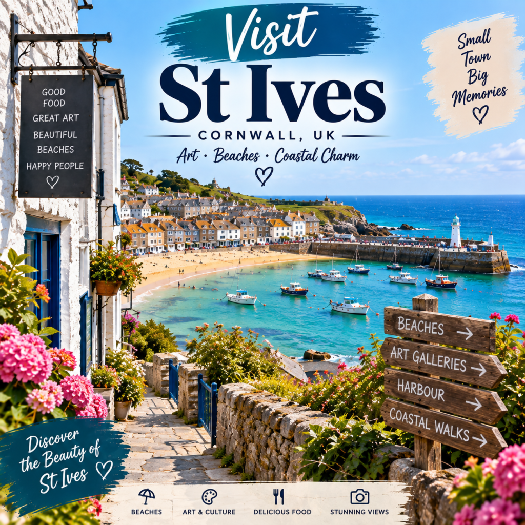 Visit St Ives in Cornwall UK with a beautiful sandy beach, harbor, colorful boats and coastal views
