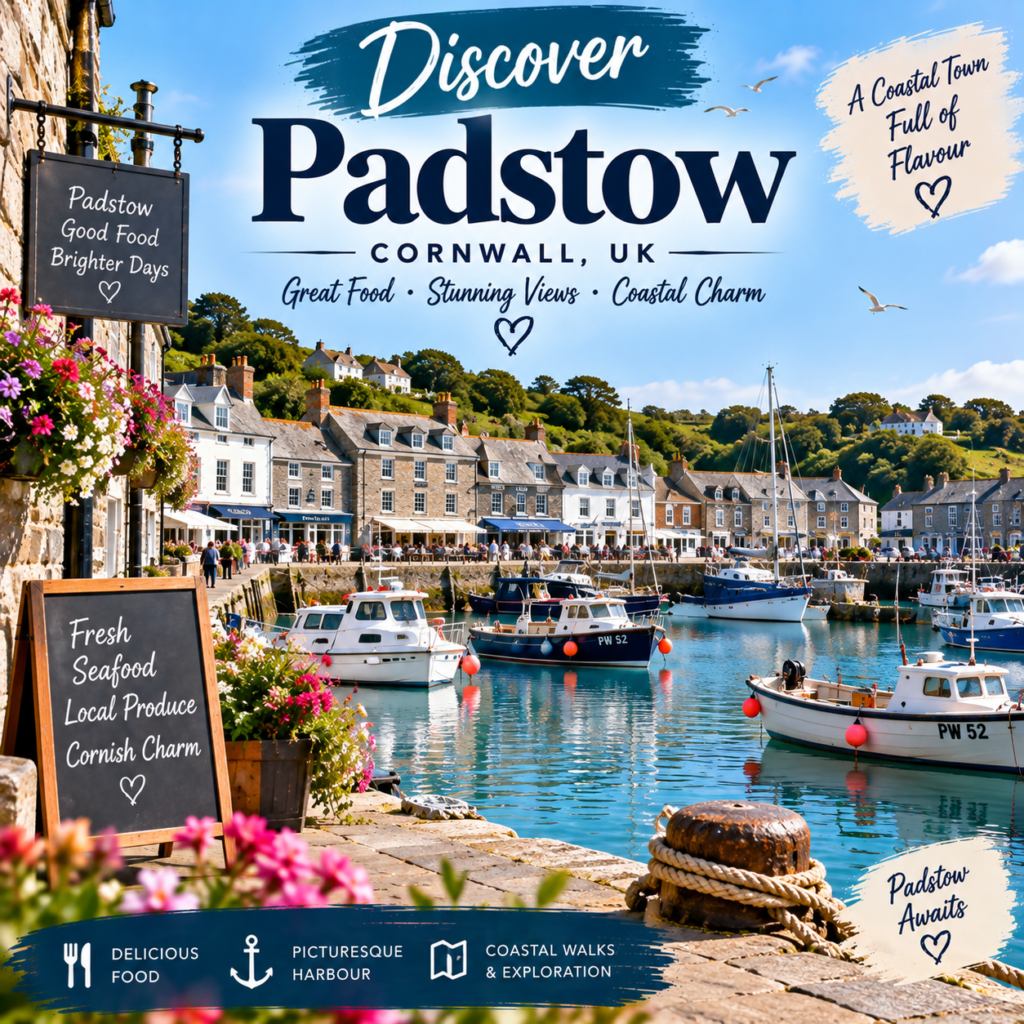 Discover Padstow in Cornwall UK with a beautiful harbor, fishing boats, coastal views and waterfront cafés