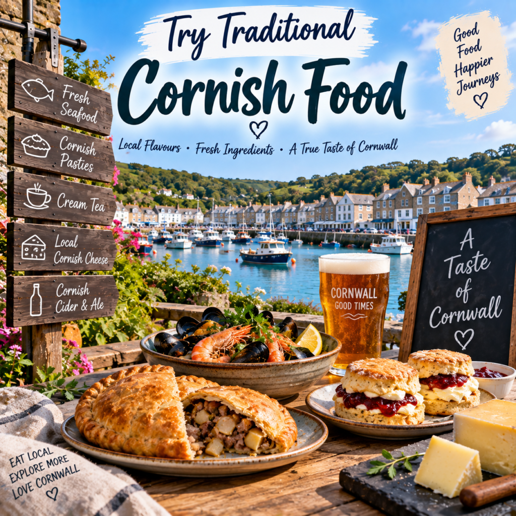 Try traditional Cornish food including pasties, fresh seafood, cream tea and local cheese in Cornwall UK