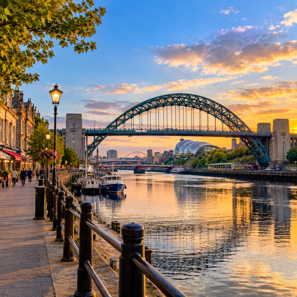 Best things to do in Newcastle upon Tyne UK with the Tyne Bridge and River Tyne at sunset