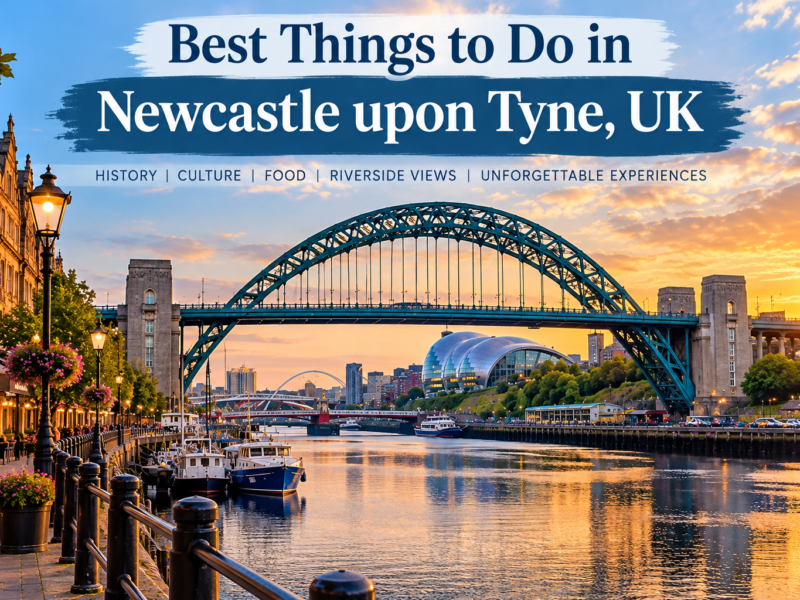 Best things to do in Newcastle upon Tyne UK with the Tyne Bridge and River Tyne at sunset