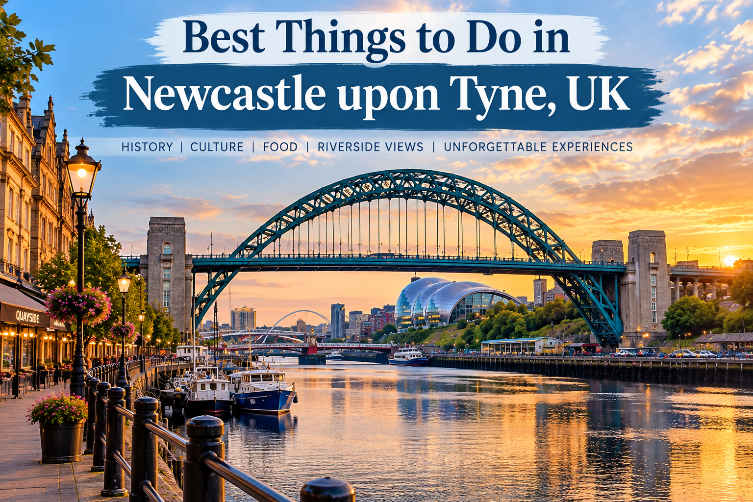 Best things to do in Newcastle upon Tyne UK with the Tyne Bridge and River Tyne at sunset
