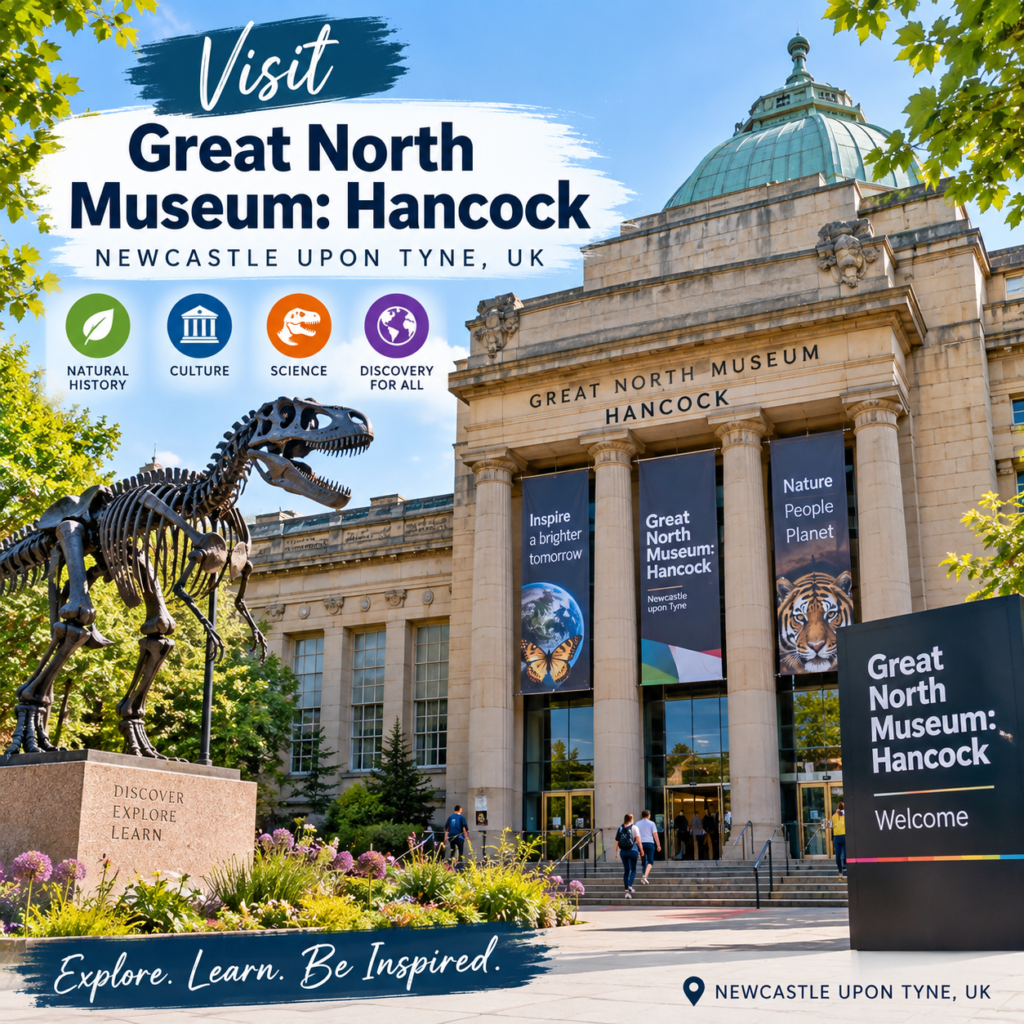 Great North Museum Hancock in Newcastle upon Tyne UK with historic building and dinosaur skeleton