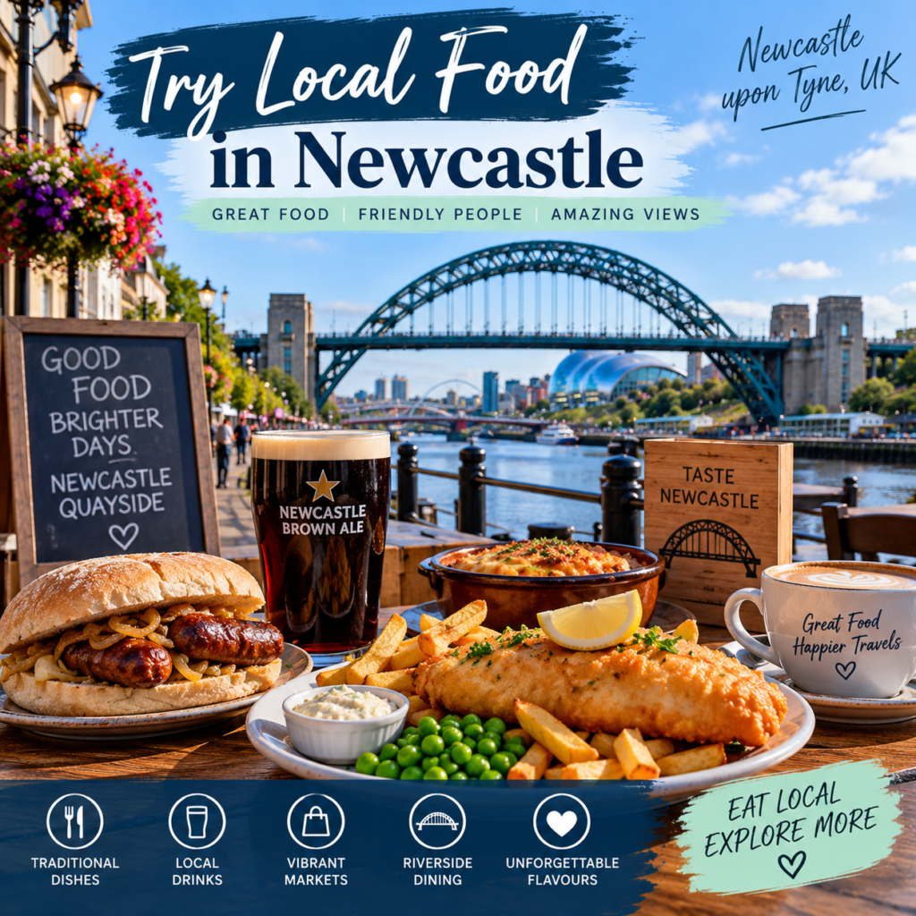 Local food in Newcastle upon Tyne UK with traditional dishes and the Tyne Bridge