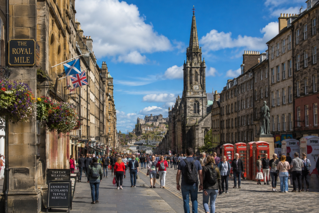 Royal Mile in Edinburgh UK with historic stone buildings, St Gilesβ Cathedral, Edinburgh Castle, Scottish flags, shops, and visitors