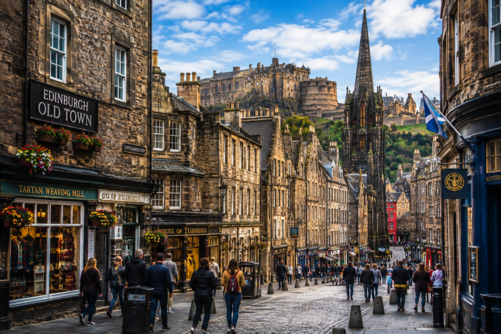 Edinburgh Old Town in Scotland with historic stone buildings, cobbled streets, Scottish flags, shops, Gothic architecture, and Edinburgh Castle