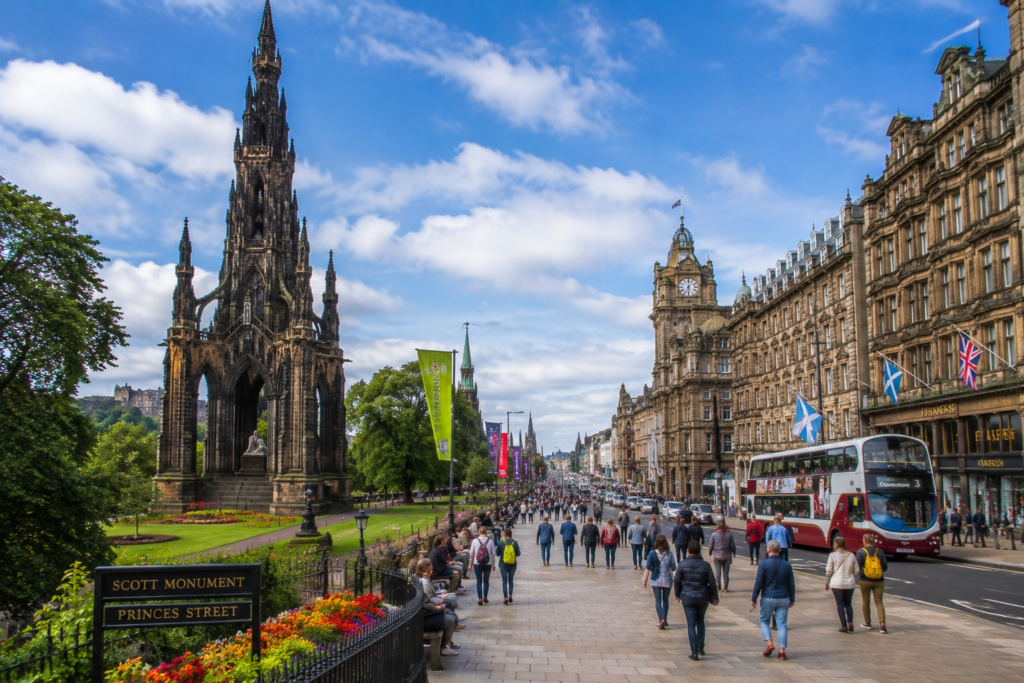Scott Monument and Princes Street in Edinburgh UK with historic buildings, gardens, Scottish flags, visitors, and city views