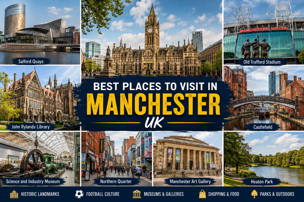 Best places to visit in Manchester UK featuring Salford Quays, Old Trafford, John Rylands Library, Castlefield, museums, and parks