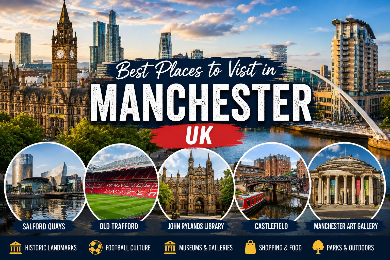 Best places to visit in Manchester UK featuring Salford Quays, Old Trafford, John Rylands Library, Castlefield, museums, and parks