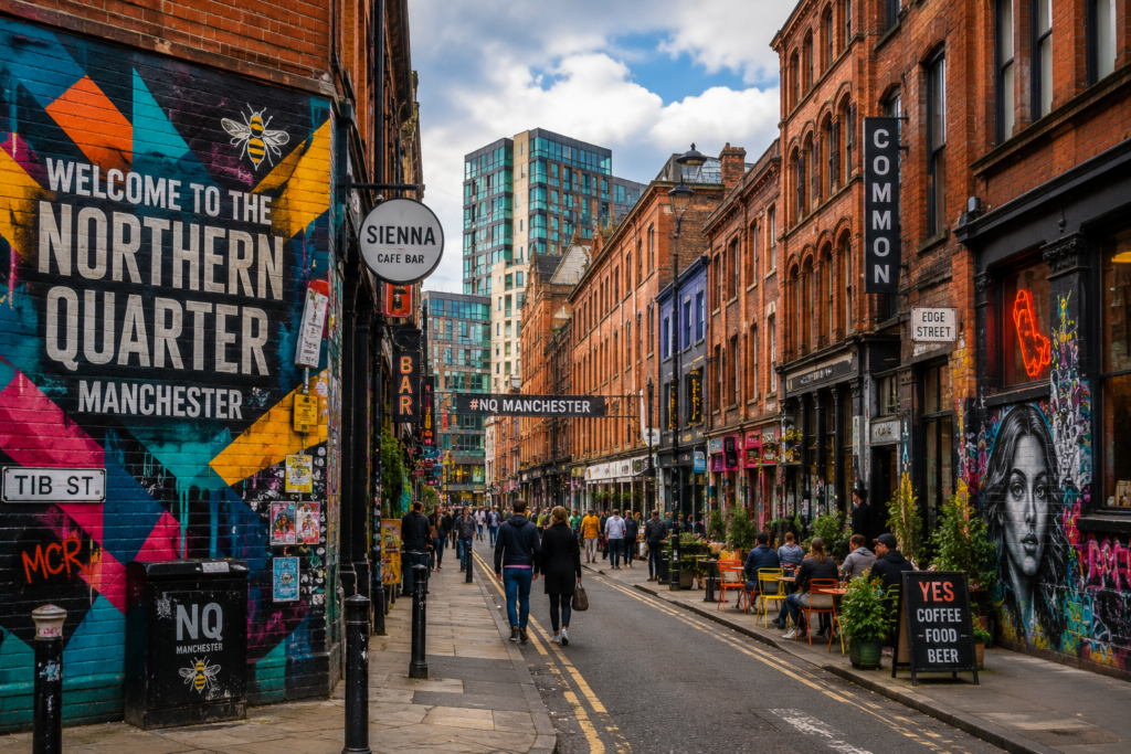 Northern Quarter in Manchester UK with colorful street art, red brick buildings, cafés, shops, and busy streets