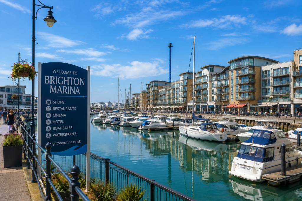 Brighton Marina with boats and waterfront buildings in Brighton, UK