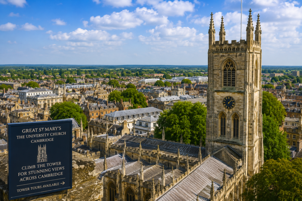 Tower of Great St Mary's Church in Cambridge, UK