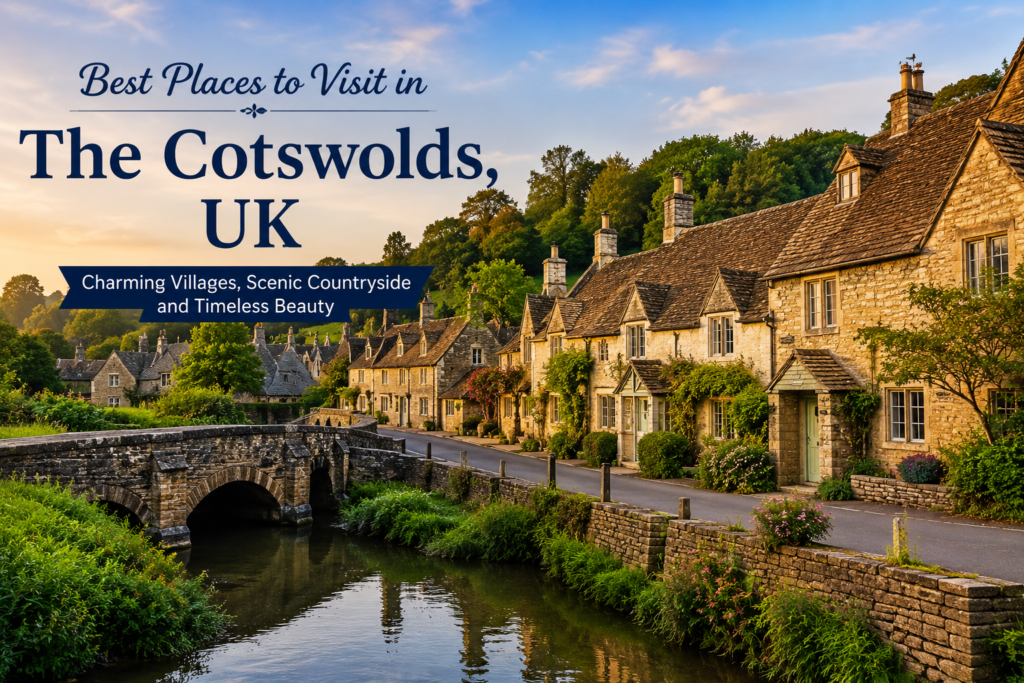 Best places to visit in the Cotswolds, UK, with honey-colored cottages, stone bridge, and scenic countryside