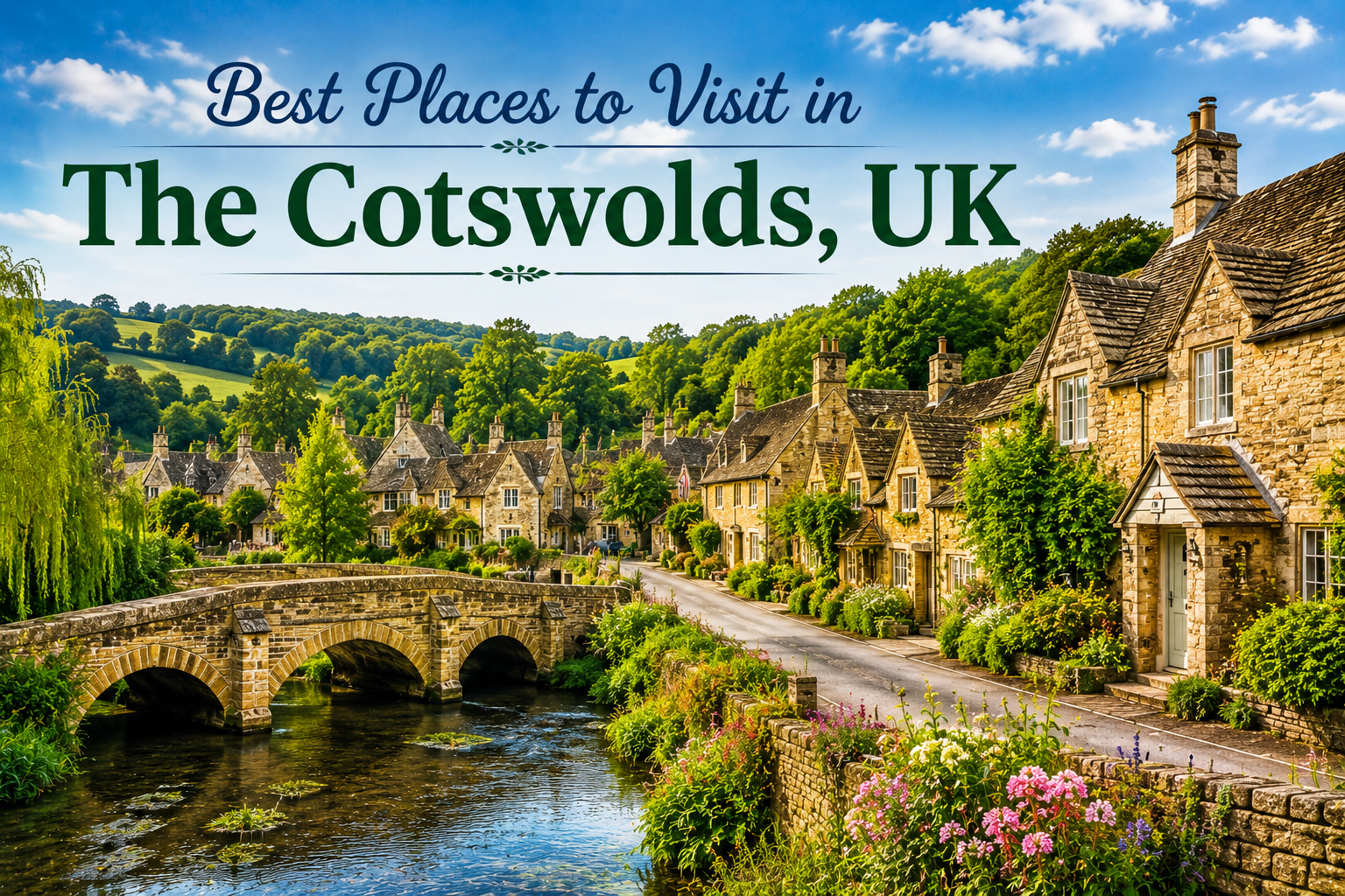 est places to visit in the Cotswolds, UK, with honey-colored cottages, stone bridge, and scenic countryside