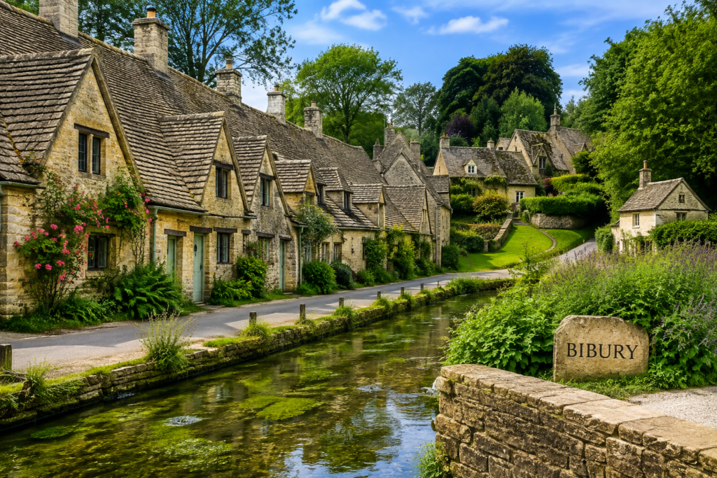 Bibury village in the Cotswolds, UK, with traditional stone cottages and a peaceful stream