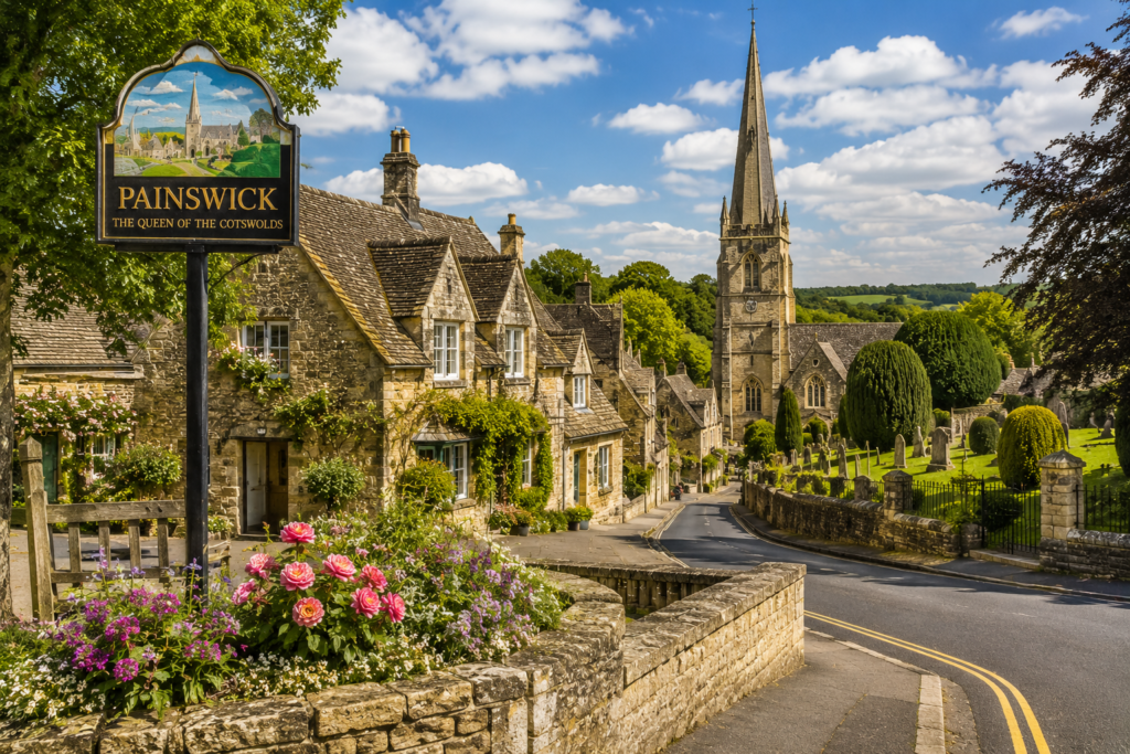 Painswick village in the Cotswolds, UK, with historic stone cottages and church