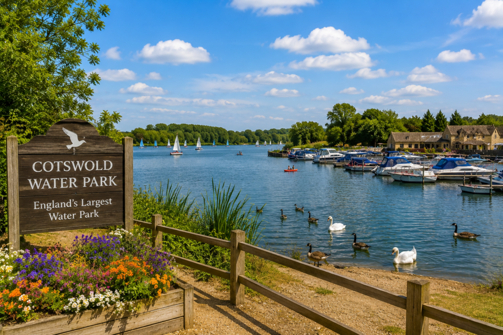 Cotswold Water Park in the UK with lakes, boats, greenery, and scenic countryside