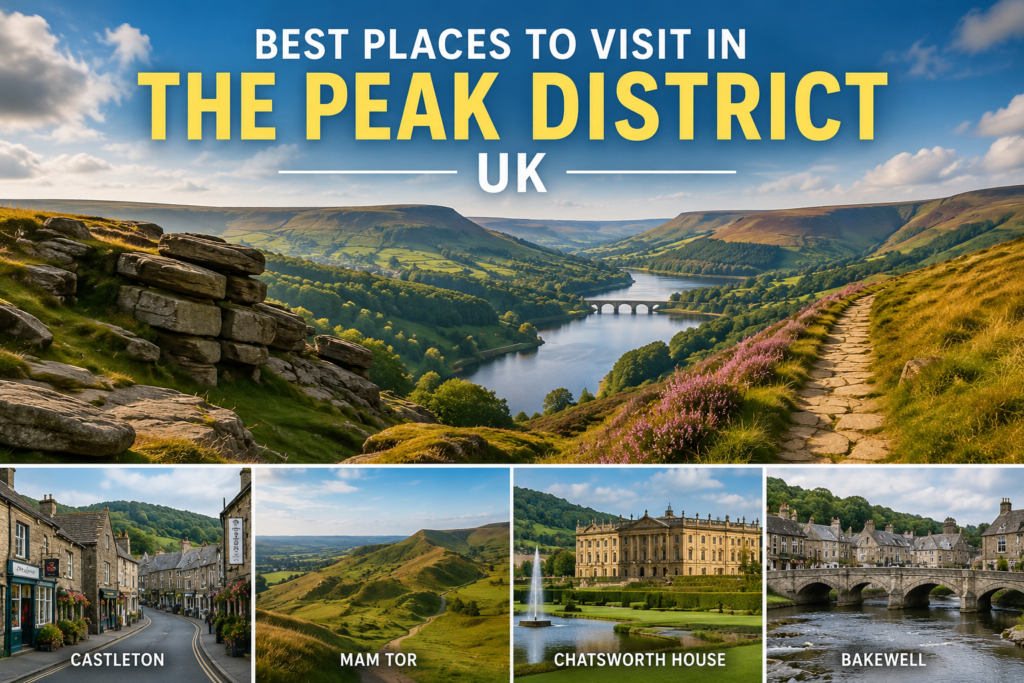 Best places to visit in the Peak District, UK, featuring scenic hills, Castleton, Mam Tor, Chatsworth House, and Bakewell