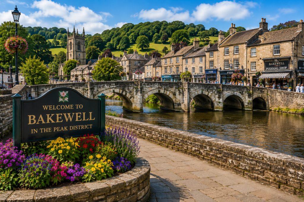 Bakewell town in the Peak District, UK, with a historic stone bridge and riverside buildings