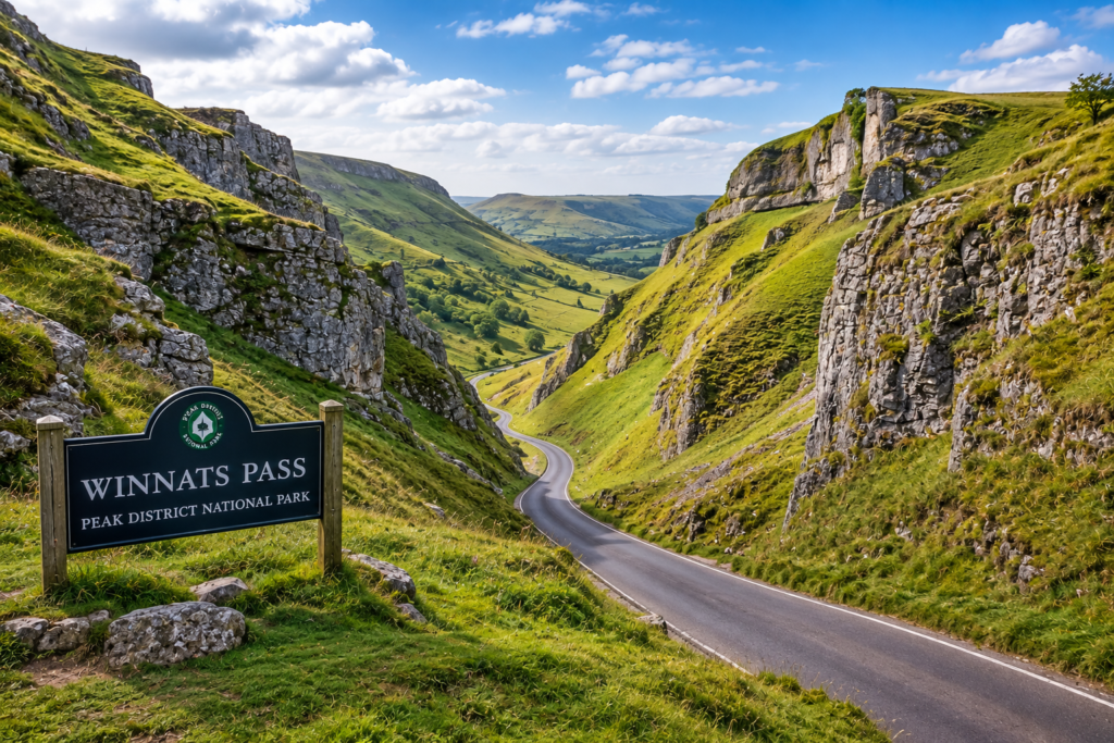 Winnats Pass in the Peak District, UK, with dramatic limestone cliffs and a winding road