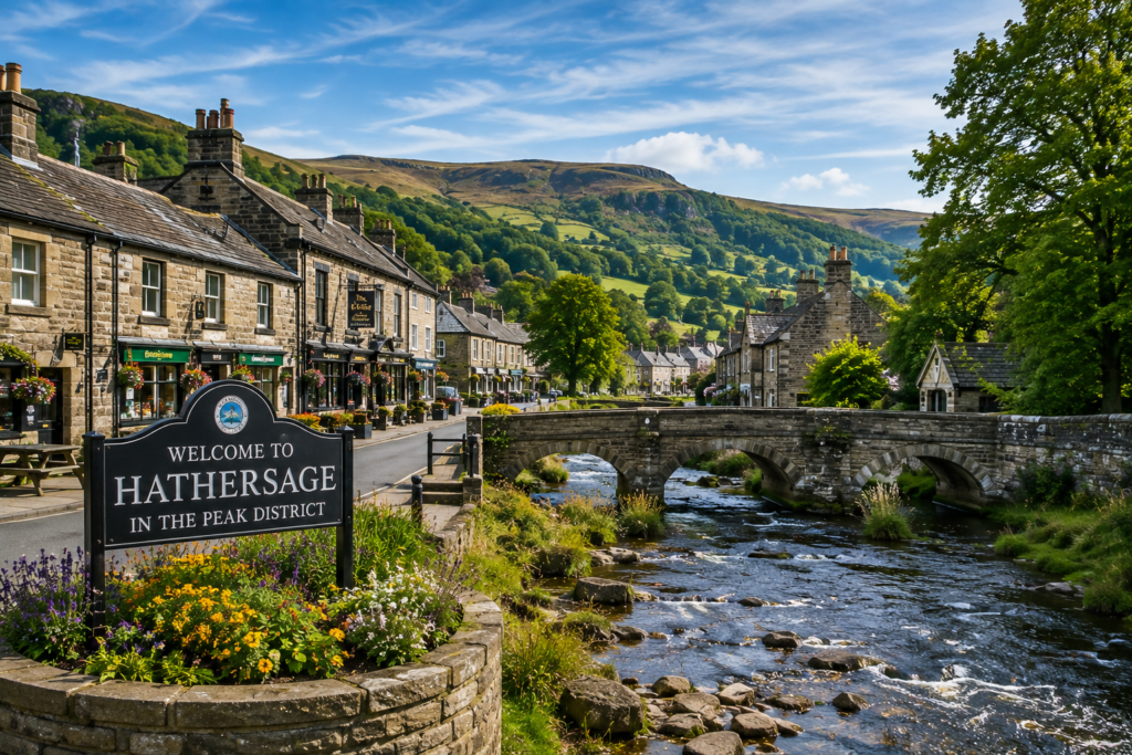 Hathersage village in the Peak District, UK, with stone buildings, a river, and surrounding hills