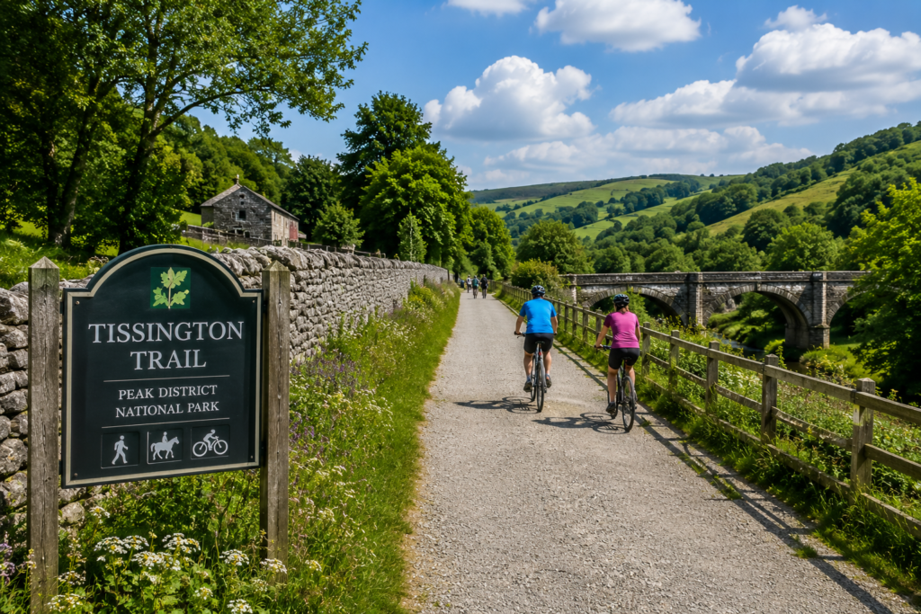 Tissington Trail in the Peak District, UK, with cyclists, green hills, and a historic stone bridge