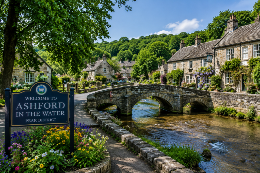 Ashford-in-the-Water village in the Peak District, UK, with a stone bridge, stream, and traditional cottages