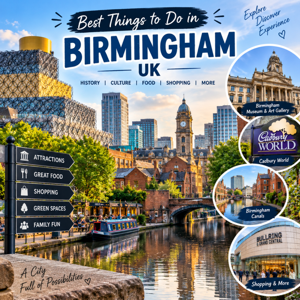 Best things to do in Birmingham UK featuring Birmingham canals, city landmarks, Cadbury World, museums, and shopping