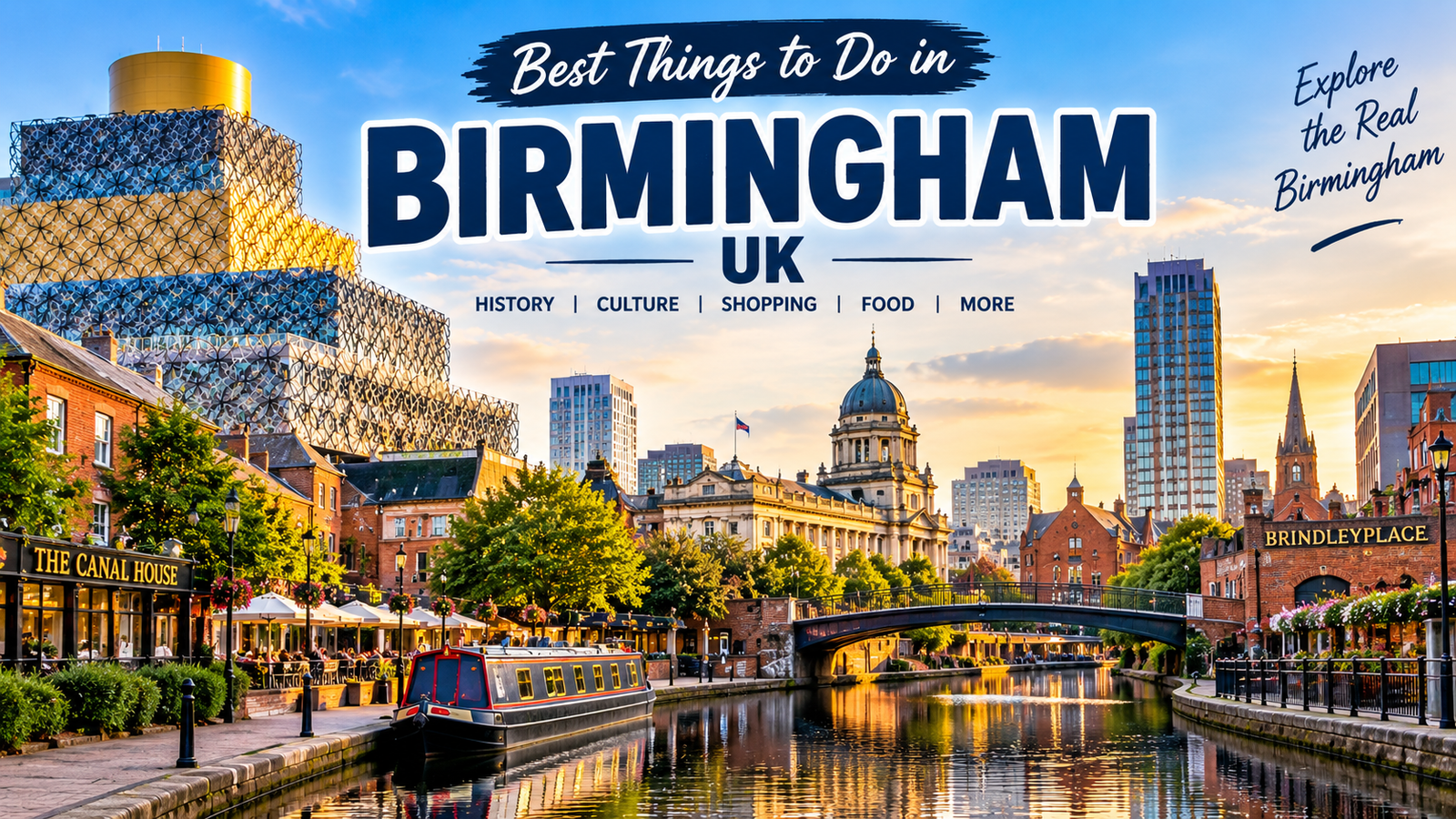 Best things to do in Birmingham UK featuring Birmingham canals, city landmarks, Cadbury World, museums, and shopping