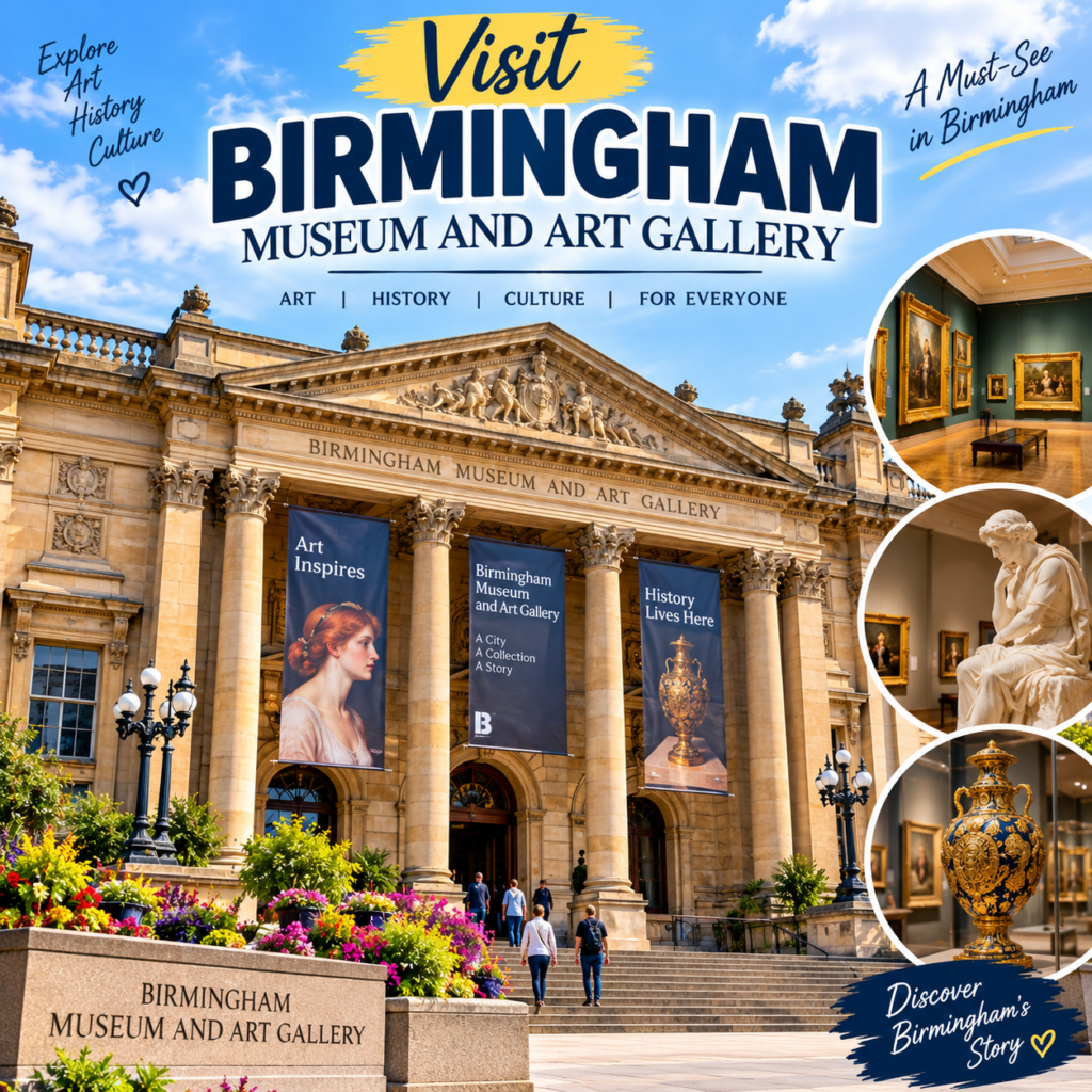 Birmingham Museum and Art Gallery in Birmingham UK with historic architecture, columns, entrance, flowers, and visitors