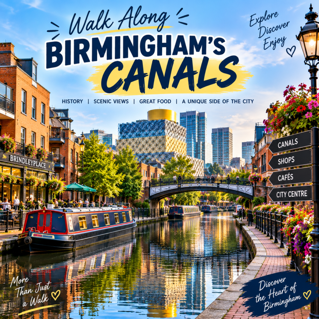 Birmingham canals in the UK with canal boats, bridges, historic buildings, flowers, and city views