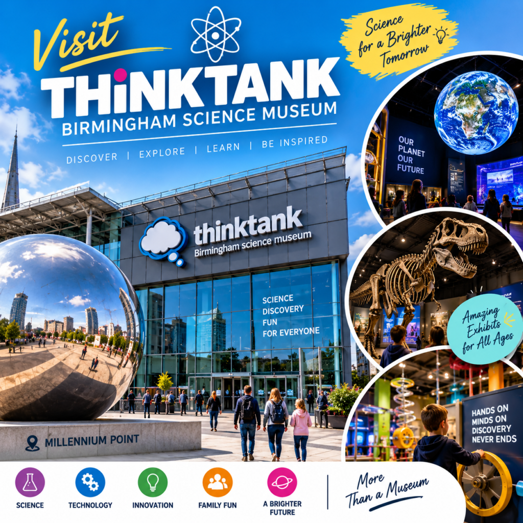 Thinktank Birmingham Science Museum with modern building, science exhibits, dinosaur skeleton, interactive displays, and visitors