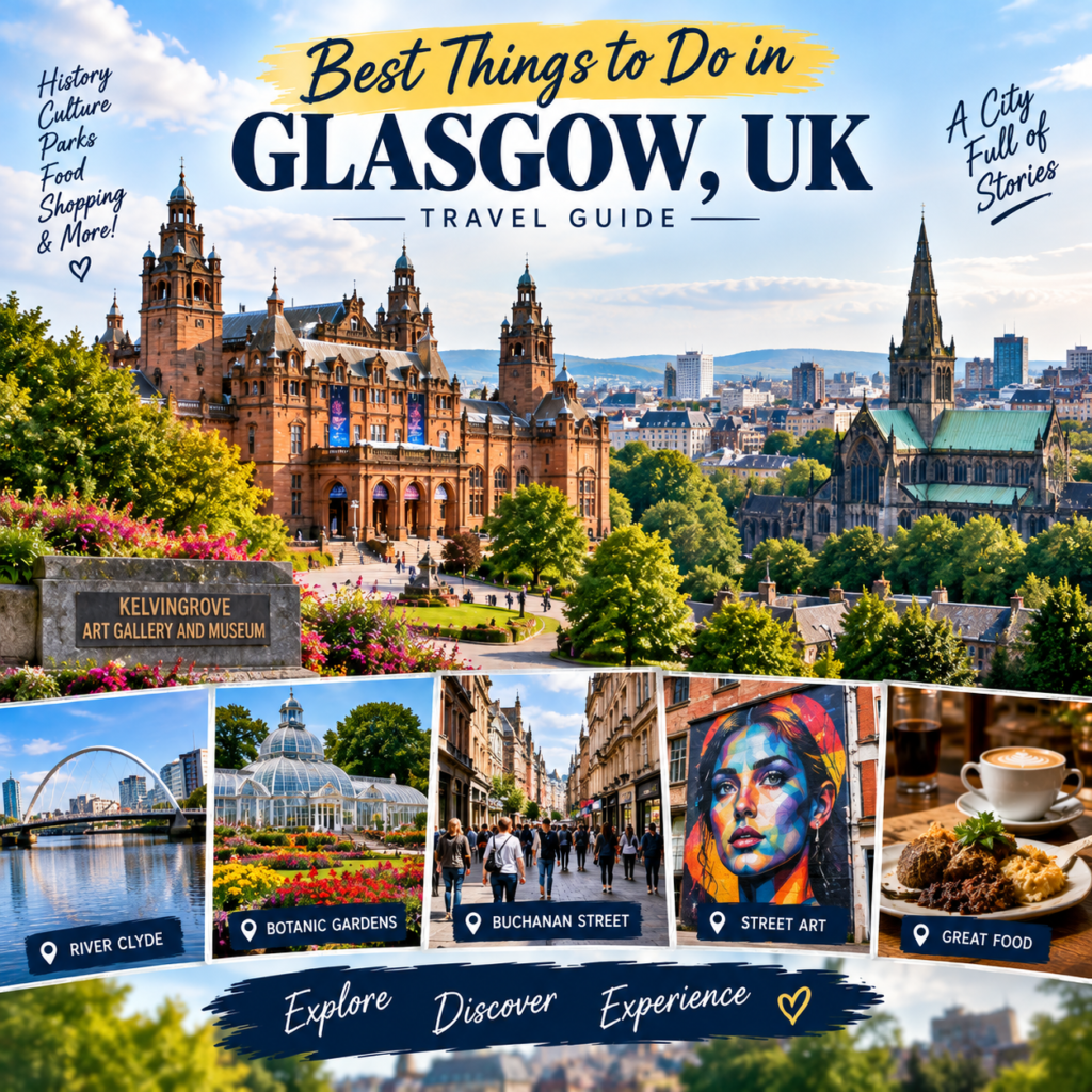 Best things to do in Glasgow UK featuring Kelvingrove Museum, Glasgow Cathedral, River Clyde, Botanic Gardens, Buchanan Street, and street art