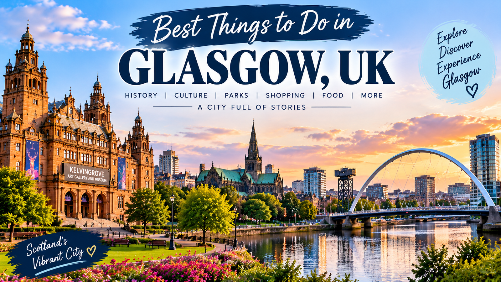 Best things to do in Glasgow UK featuring Kelvingrove Museum, Glasgow Cathedral, River Clyde, Botanic Gardens, Buchanan Street, and street art
