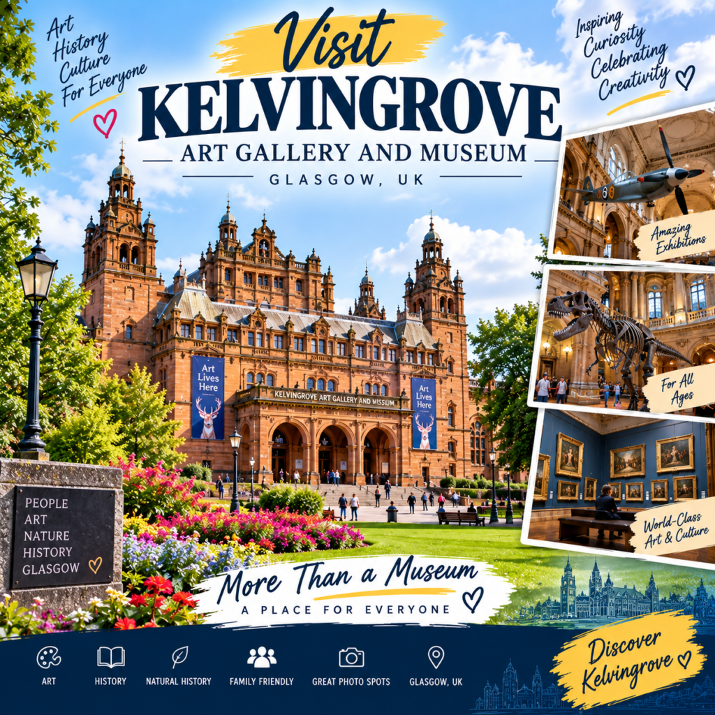 : Kelvingrove Art Gallery and Museum in Glasgow UK with historic red sandstone architecture, gardens, visitors, and museum exhibits