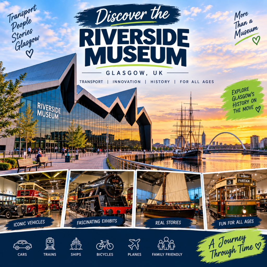 Riverside Museum in Glasgow UK with modern architecture, River Clyde, Tall Ship, transport exhibits, and city views