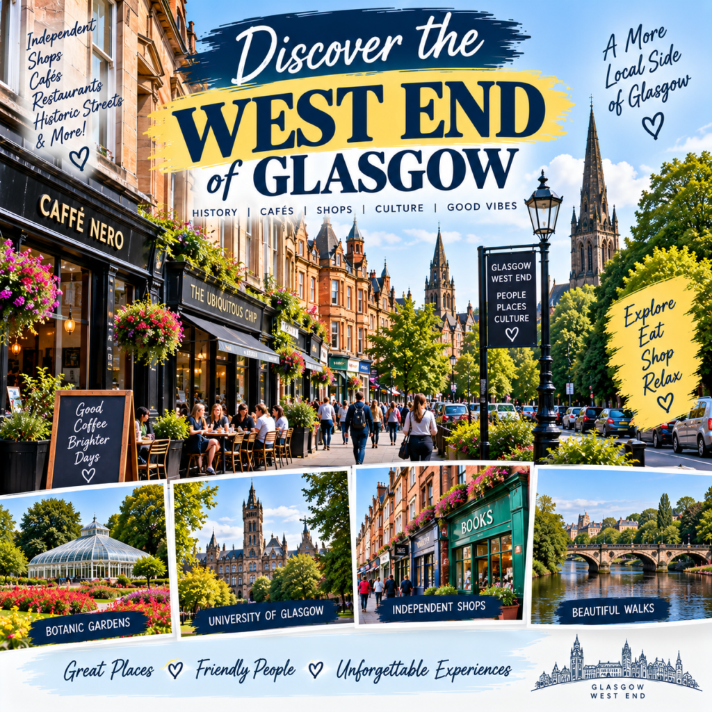 West End of Glasgow UK with historic buildings, cafés, independent shops, Botanic Gardens, and lively streets
